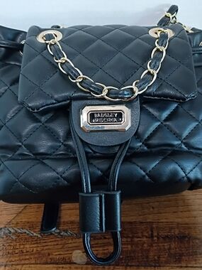 Badgley Mischka Black Quilted Drawstring Backpack with Gold Chain